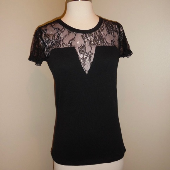 MAJE Paris Black Lace Inset Sheer Tee Shirt Top Short Sleeve Sexy 1 S Whimsigoth - Picture 3 of 12